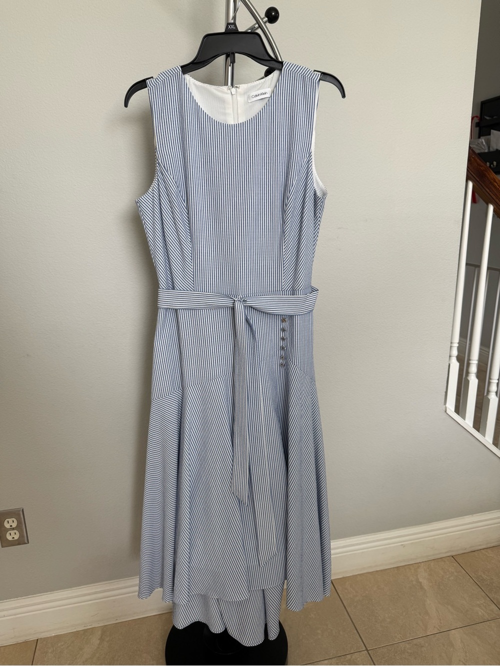 Calvin Klein Light Blue and White Striped Sleeveless Midi Dress with Tie Belt
